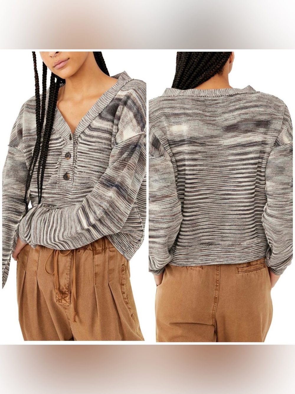 Free People Striped V-Neck Button Henley Sweater in Gray and Cream